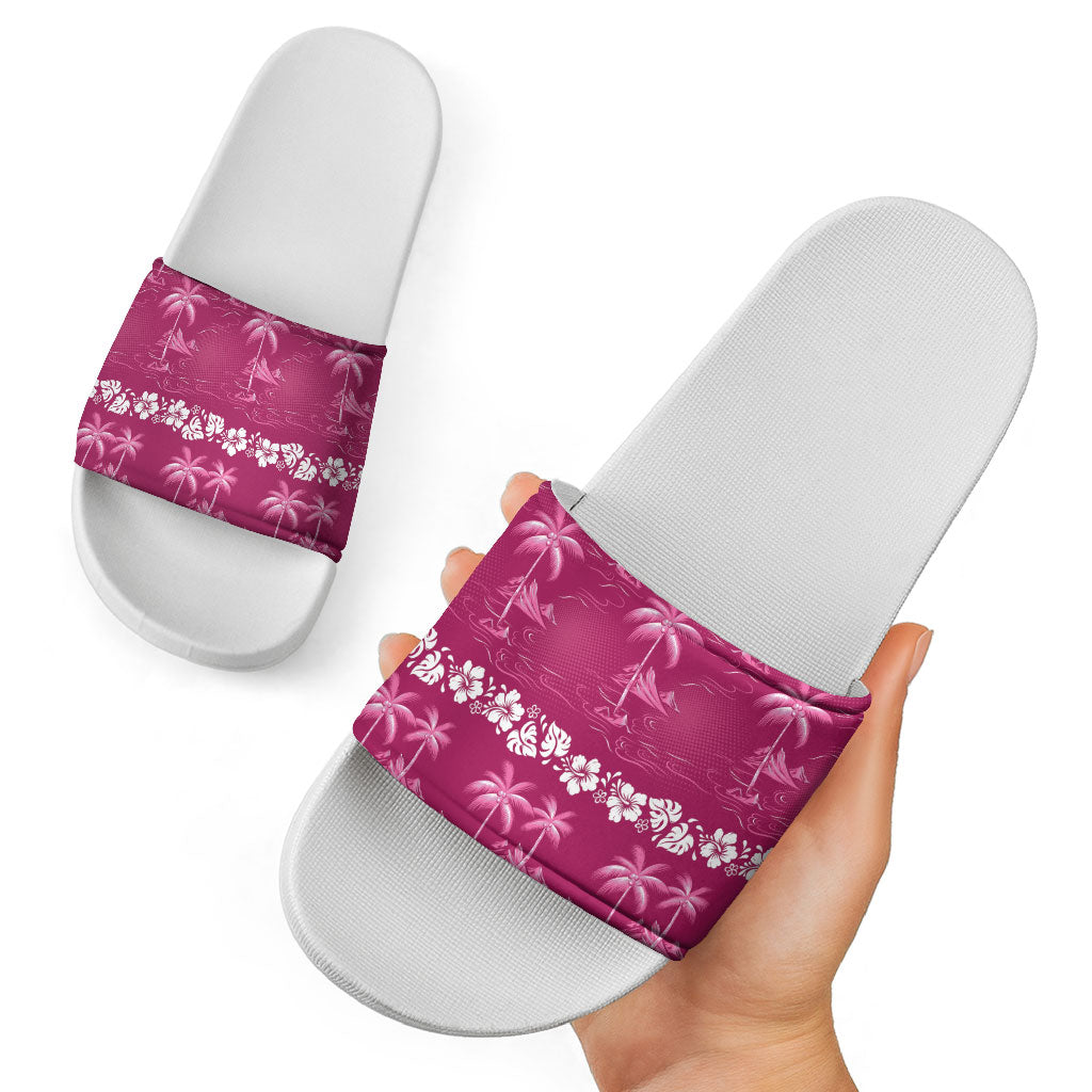 Pink Hawaii Palm Tree Hibiscus Slide Sandals Fantasy Summer Vibe