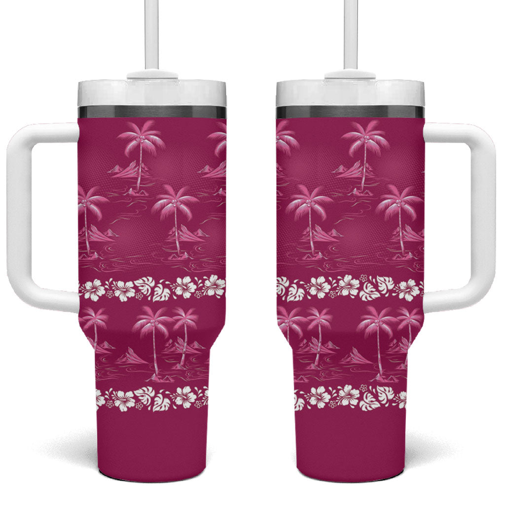 Pink Hawaii Palm Tree Hibiscus Tumbler With Handle Fantasy Summer Vibe
