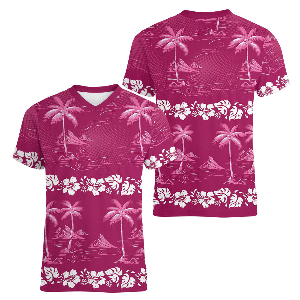 Pink Hawaii Palm Tree Hibiscus Women V-Neck T-Shirt Fantasy Summer Vibe