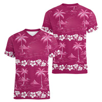 Pink Hawaii Palm Tree Hibiscus Women V-Neck T-Shirt Fantasy Summer Vibe