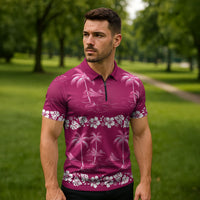 Pink Hawaii Palm Tree Hibiscus Zipper Polo Shirt Fantasy Summer Vibe