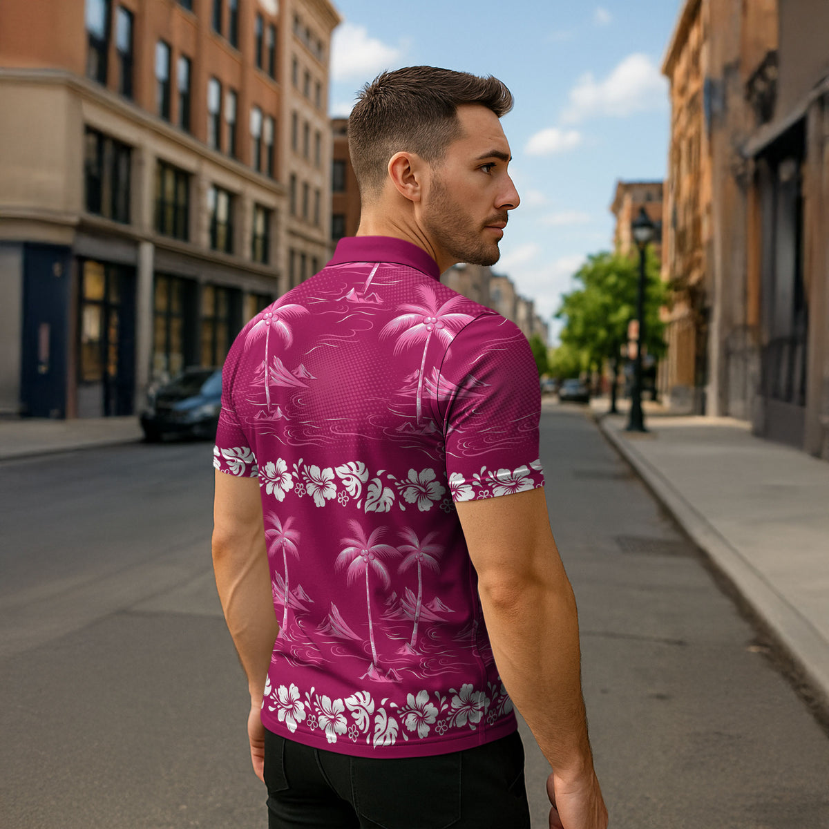 Pink Hawaii Palm Tree Hibiscus Zipper Polo Shirt Fantasy Summer Vibe