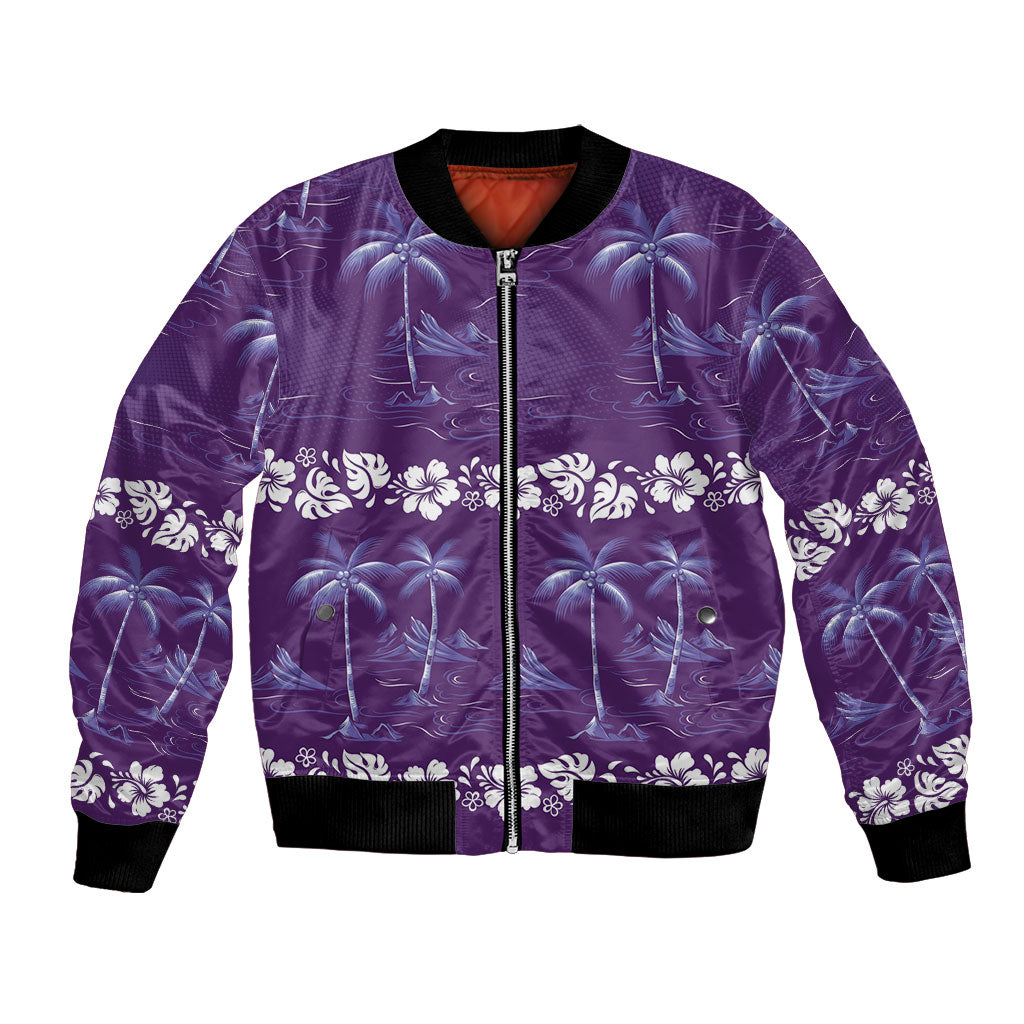 Purple Hawaii Palm Tree Hibiscus Bomber Jacket Fantasy Summer Vibe