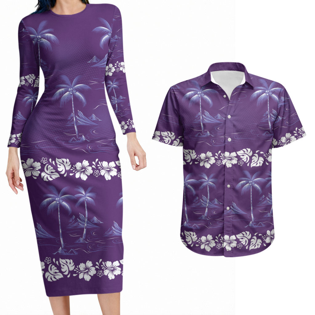 Purple Hawaii Palm Tree Hibiscus Couples Matching Long Sleeve Bodycon Dress and Hawaiian Shirt Fantasy Summer Vibe