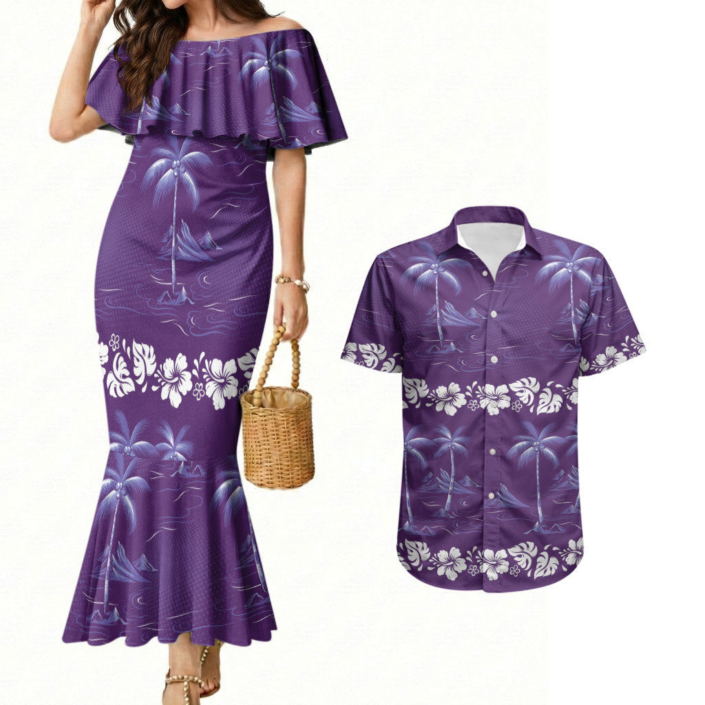 Purple Hawaii Palm Tree Hibiscus Couples Matching Mermaid Dress and Hawaiian Shirt Fantasy Summer Vibe LT01 Purple - Polynesian Pride