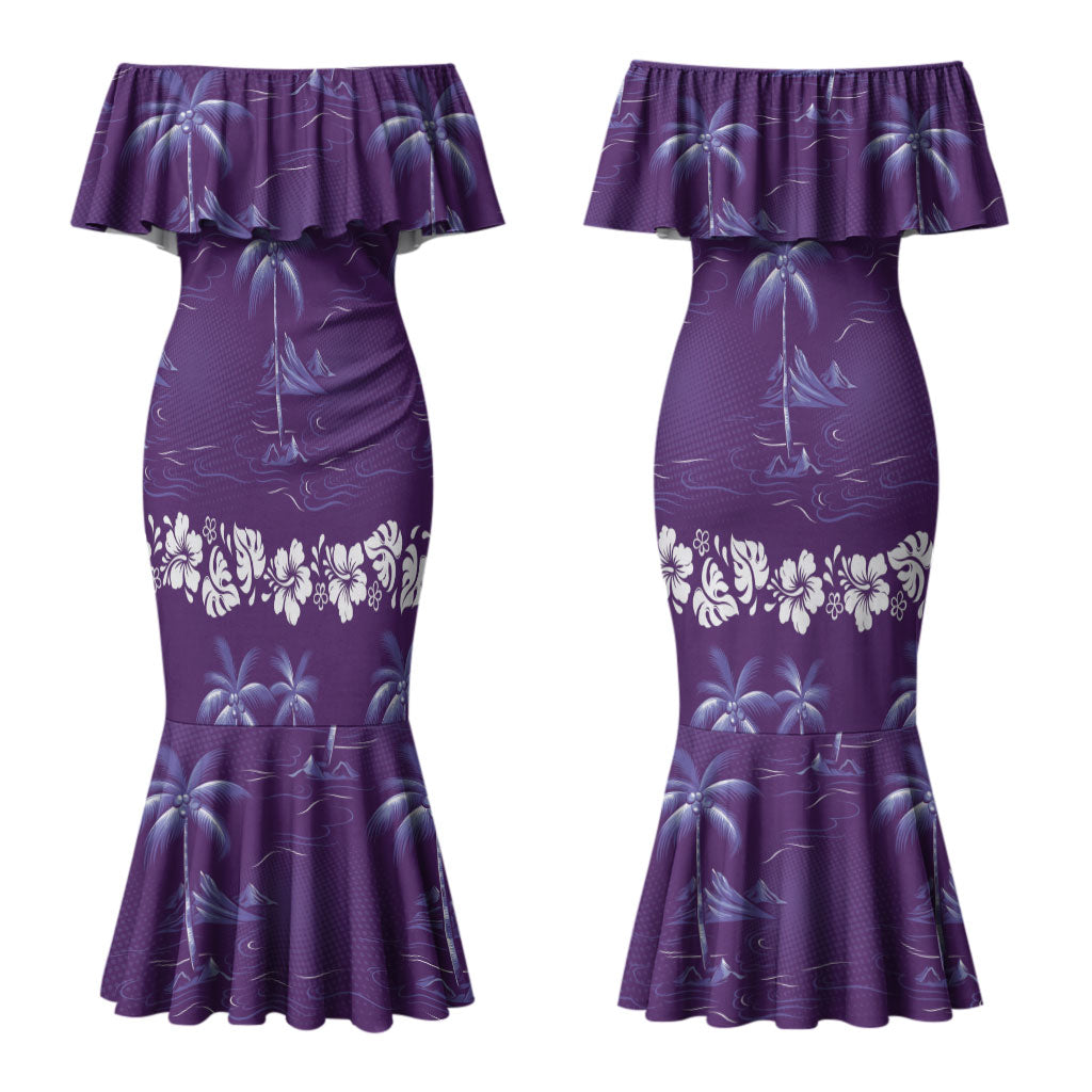 Purple Hawaii Palm Tree Hibiscus Couples Matching Mermaid Dress and Hawaiian Shirt Fantasy Summer Vibe LT01 - Polynesian Pride