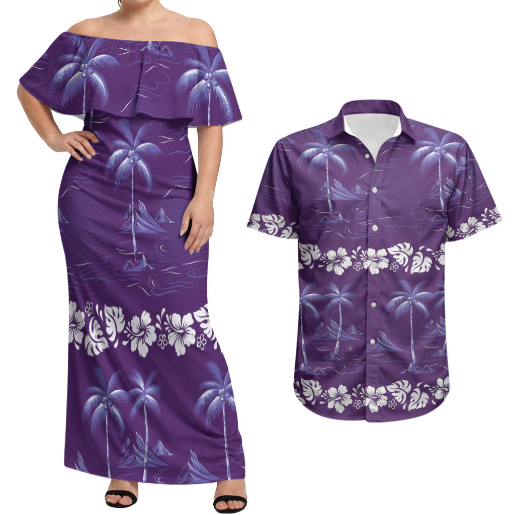 Purple Hawaii Palm Tree Hibiscus Couples Matching Off Shoulder Maxi Dress and Hawaiian Shirt Fantasy Summer Vibe LT01 Purple - Polynesian Pride