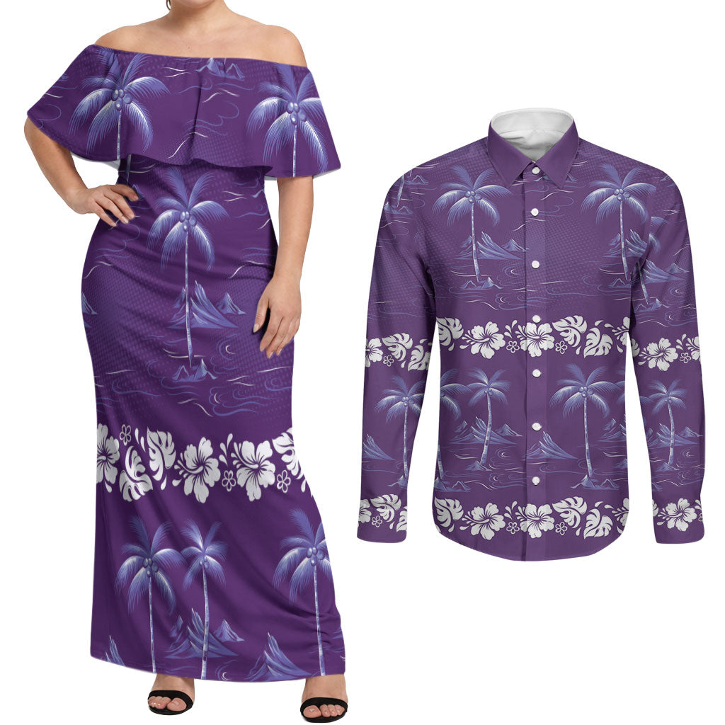 Purple Hawaii Palm Tree Hibiscus Couples Matching Off Shoulder Maxi Dress and Long Sleeve Button Shirt Fantasy Summer Vibe LT01 Purple - Polynesian Pride