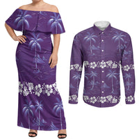 Purple Hawaii Palm Tree Hibiscus Couples Matching Off Shoulder Maxi Dress and Long Sleeve Button Shirt Fantasy Summer Vibe LT01 Purple - Polynesian Pride