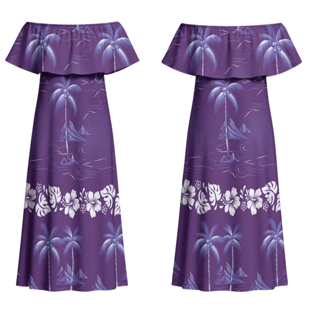 Purple Hawaii Palm Tree Hibiscus Couples Matching Off Shoulder Maxi Dress and Long Sleeve Button Shirt Fantasy Summer Vibe LT01 - Polynesian Pride
