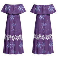 Purple Hawaii Palm Tree Hibiscus Couples Matching Off Shoulder Maxi Dress and Long Sleeve Button Shirt Fantasy Summer Vibe LT01 - Polynesian Pride