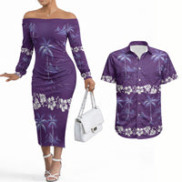 Purple Hawaii Palm Tree Hibiscus Couples Matching Off The Shoulder Long Sleeve Dress and Hawaiian Shirt Fantasy Summer Vibe LT01 Purple - Polynesian Pride