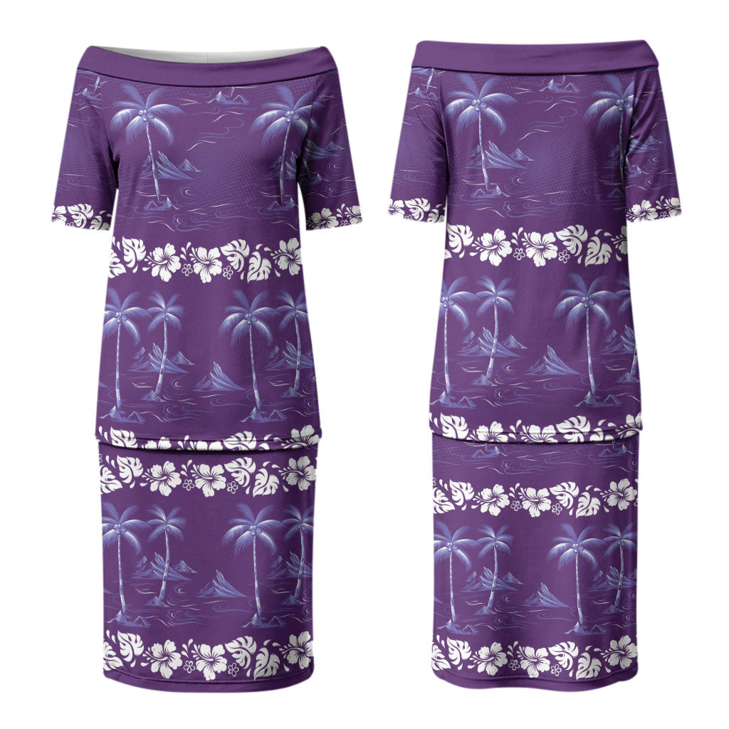 Purple Hawaii Palm Tree Hibiscus Couples Matching Puletasi and Long Sleeve Button Shirt Fantasy Summer Vibe