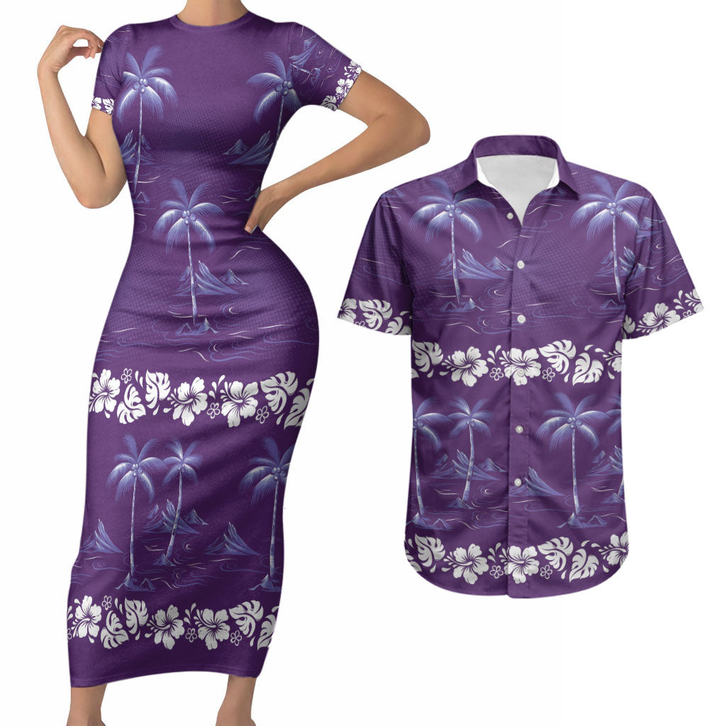 Purple Hawaii Palm Tree Hibiscus Couples Matching Short Sleeve Bodycon Dress and Hawaiian Shirt Fantasy Summer Vibe
