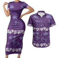 Purple Hawaii Palm Tree Hibiscus Couples Matching Short Sleeve Bodycon Dress and Hawaiian Shirt Fantasy Summer Vibe LT01 Purple - Polynesian Pride