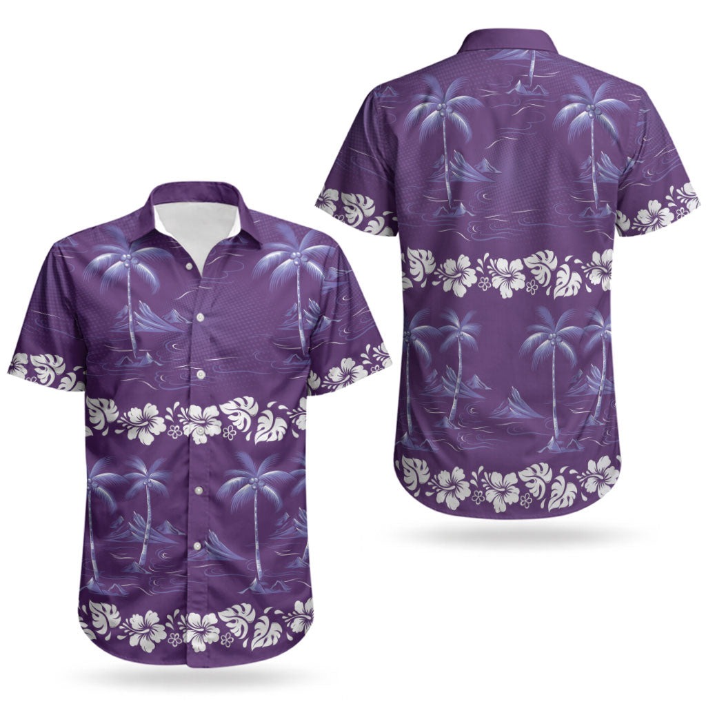 Purple Hawaii Palm Tree Hibiscus Couples Matching Short Sleeve Bodycon Dress and Hawaiian Shirt Fantasy Summer Vibe LT01 - Polynesian Pride