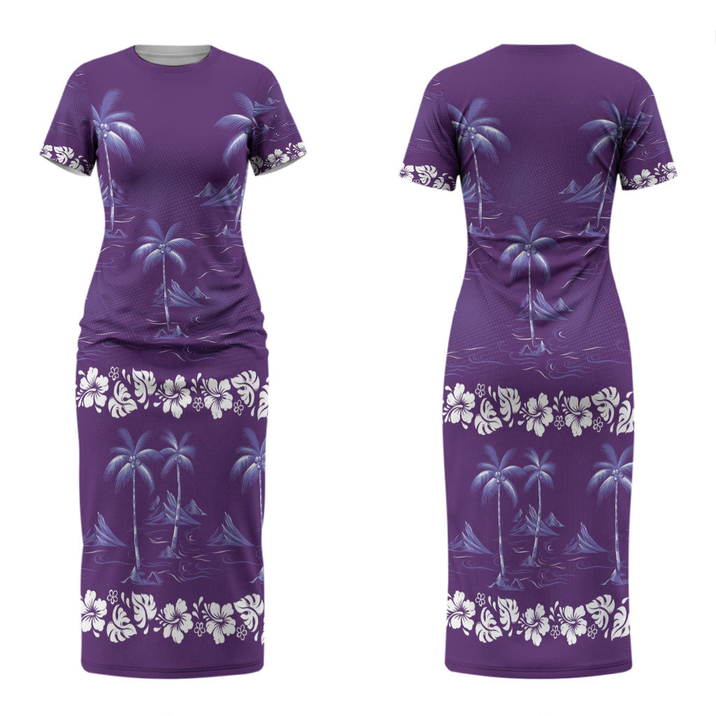 Purple Hawaii Palm Tree Hibiscus Couples Matching Short Sleeve Bodycon Dress and Hawaiian Shirt Fantasy Summer Vibe LT01 - Polynesian Pride