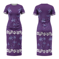 Purple Hawaii Palm Tree Hibiscus Couples Matching Short Sleeve Bodycon Dress and Hawaiian Shirt Fantasy Summer Vibe LT01 - Polynesian Pride