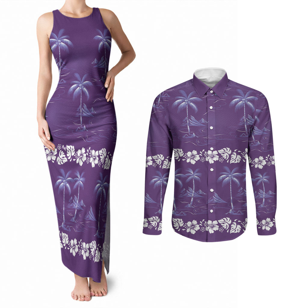 Purple Hawaii Palm Tree Hibiscus Couples Matching Tank Maxi Dress and Long Sleeve Button Shirt Fantasy Summer Vibe LT01 Purple - Polynesian Pride