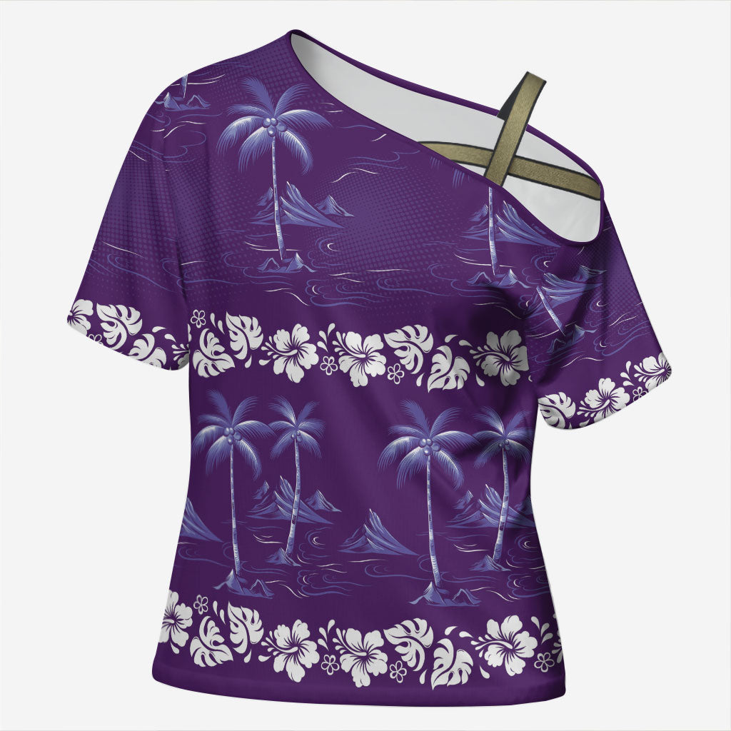 Purple Hawaii Palm Tree Hibiscus Cross Shoulder Shirt Fantasy Summer Vibe LT01 Female Purple - Polynesian Pride