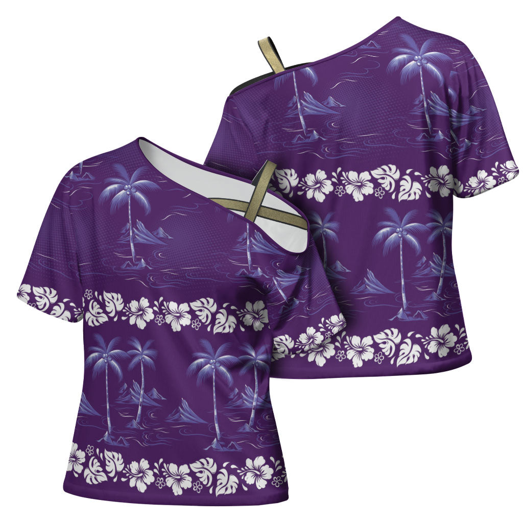 Purple Hawaii Palm Tree Hibiscus Cross Shoulder Shirt Fantasy Summer Vibe LT01 - Polynesian Pride