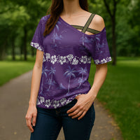 Purple Hawaii Palm Tree Hibiscus Cross Shoulder Shirt Fantasy Summer Vibe LT01 - Polynesian Pride