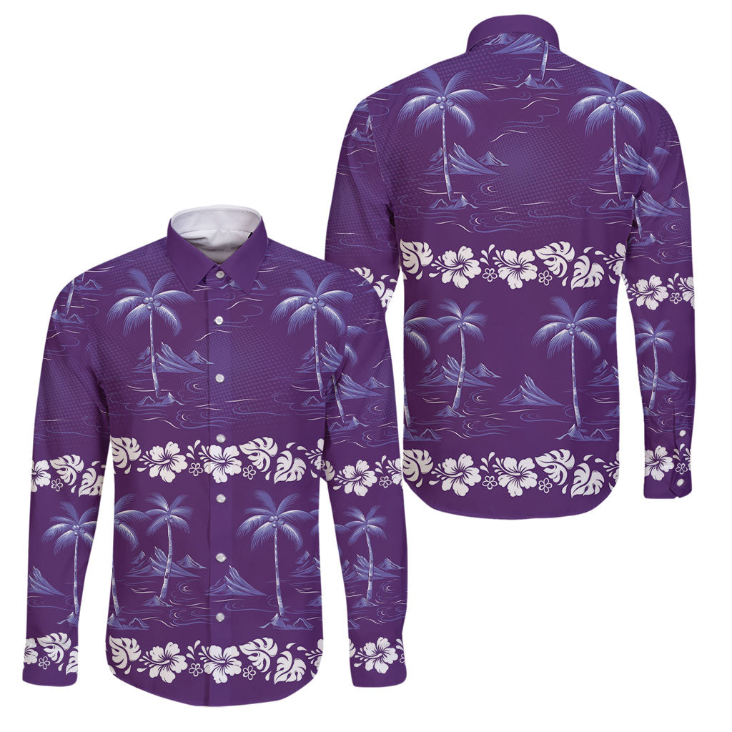 Purple Hawaii Palm Tree Hibiscus Family Matching Off The Shoulder Long Sleeve Dress and Hawaiian Shirt Fantasy Summer Vibe LT01 Dad's Shirt - Long Sleeve Purple - Polynesian Pride