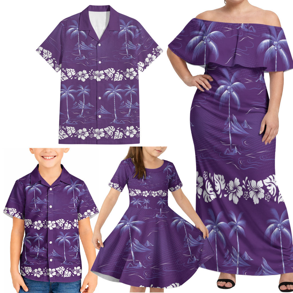 Purple Hawaii Palm Tree Hibiscus Family Matching Off Shoulder Maxi Dress and Hawaiian Shirt Fantasy Summer Vibe LT01 - Polynesian Pride