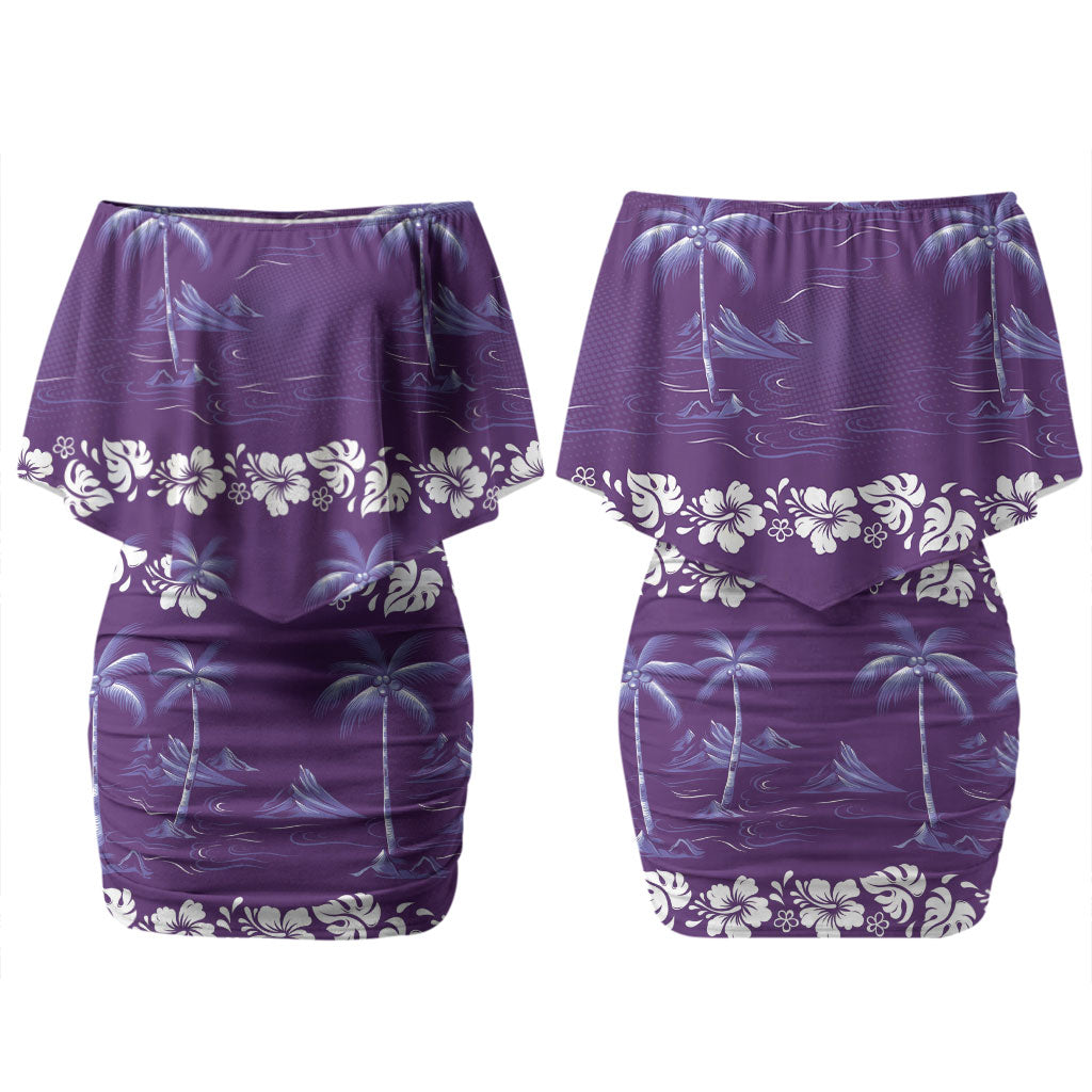 Purple Hawaii Palm Tree Hibiscus Family Matching Off Shoulder Short Dress and Hawaiian Shirt Fantasy Summer Vibe LT01 Mom's Dress Purple - Polynesian Pride
