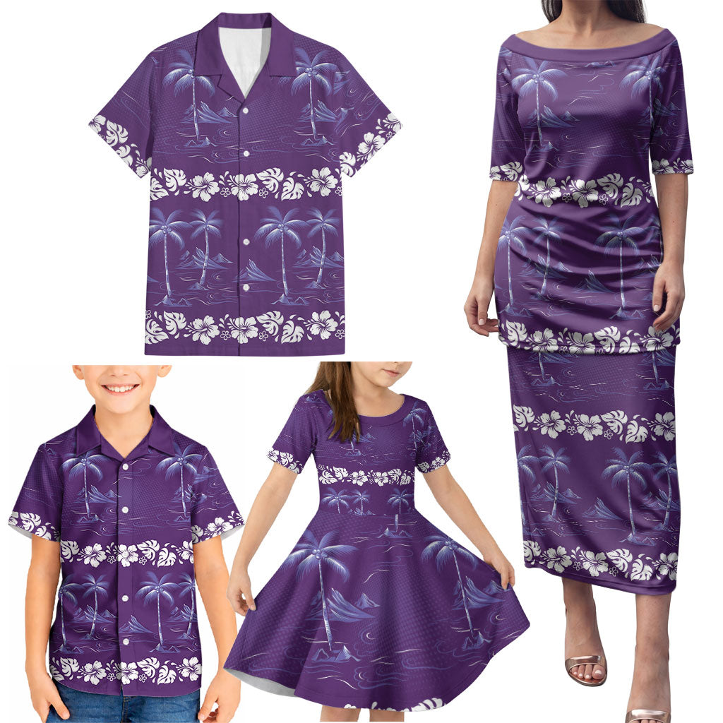 Purple Hawaii Palm Tree Hibiscus Family Matching Puletasi and Hawaiian Shirt Fantasy Summer Vibe LT01 - Polynesian Pride