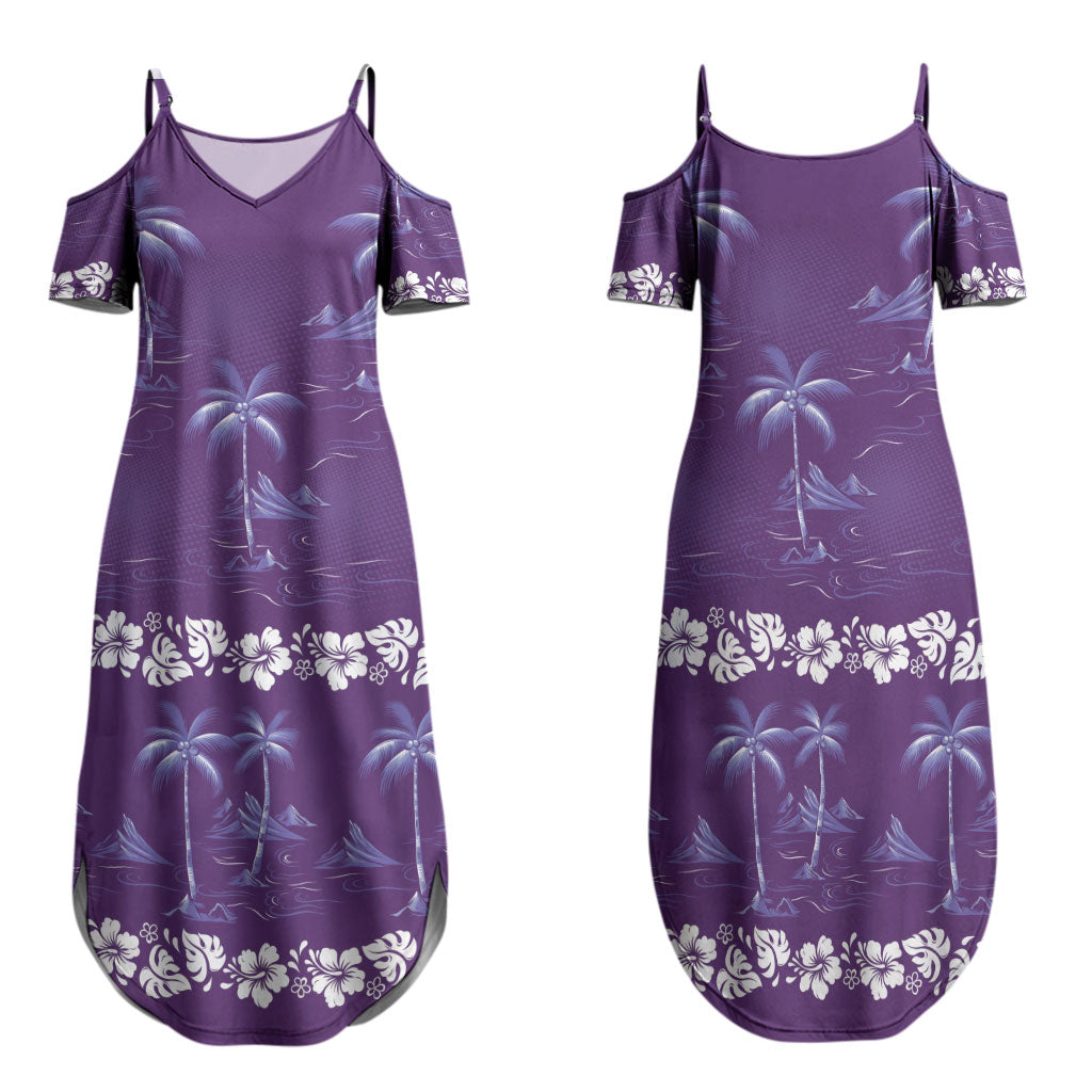 Purple Hawaii Palm Tree Hibiscus Family Matching Summer Maxi Dress and Hawaiian Shirt Fantasy Summer Vibe LT01 Mom's Dress Purple - Polynesian Pride