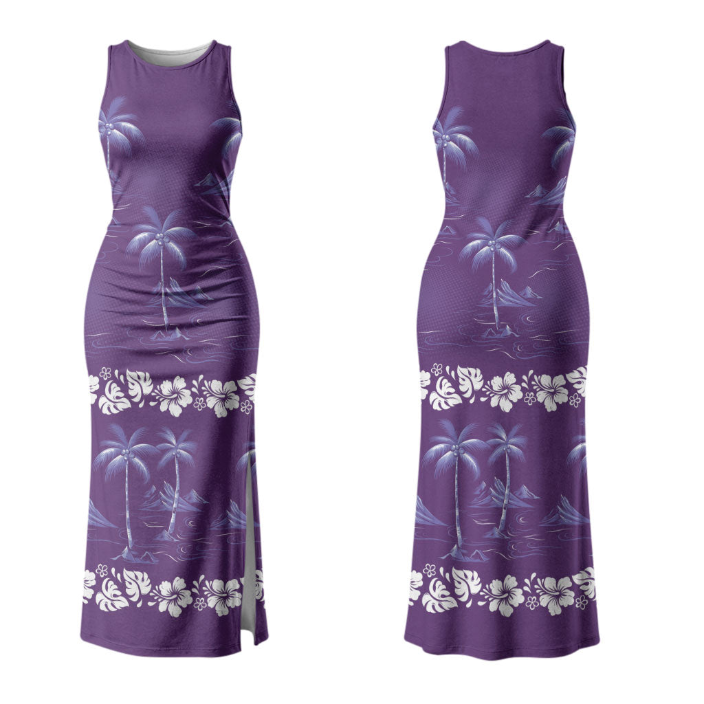 Purple Hawaii Palm Tree Hibiscus Family Matching Tank Maxi Dress and Hawaiian Shirt Fantasy Summer Vibe LT01 Mom's Dress Purple - Polynesian Pride