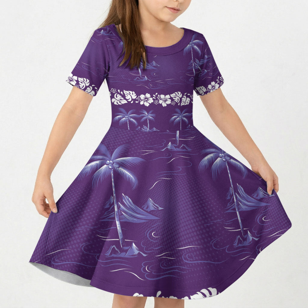 Purple Hawaii Palm Tree Hibiscus Kid Short Sleeve Dress Fantasy Summer Vibe