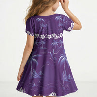 Purple Hawaii Palm Tree Hibiscus Kid Short Sleeve Dress Fantasy Summer Vibe