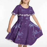Purple Hawaii Palm Tree Hibiscus Kid Short Sleeve Dress Fantasy Summer Vibe