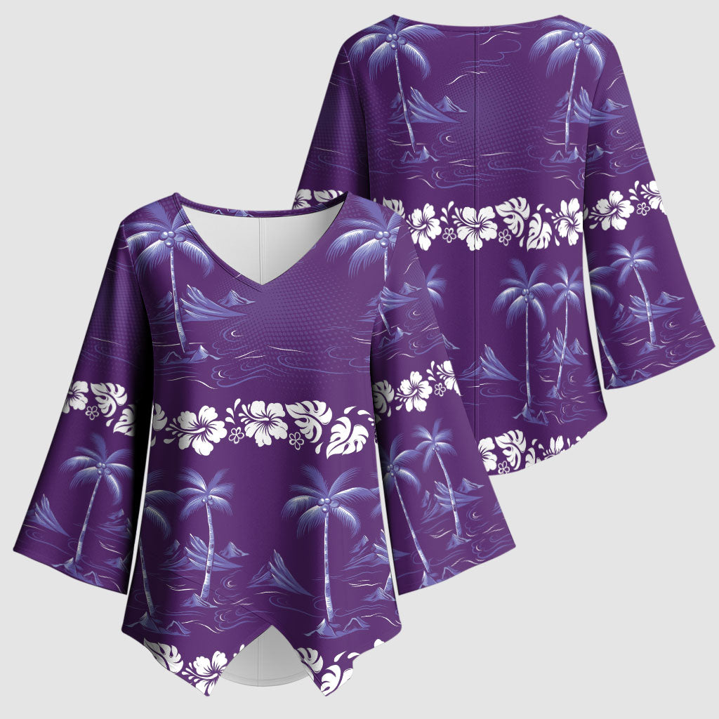 Purple Hawaii Palm Tree Hibiscus Kimono Sleeve Blouse Fantasy Summer Vibe LT01 - Polynesian Pride