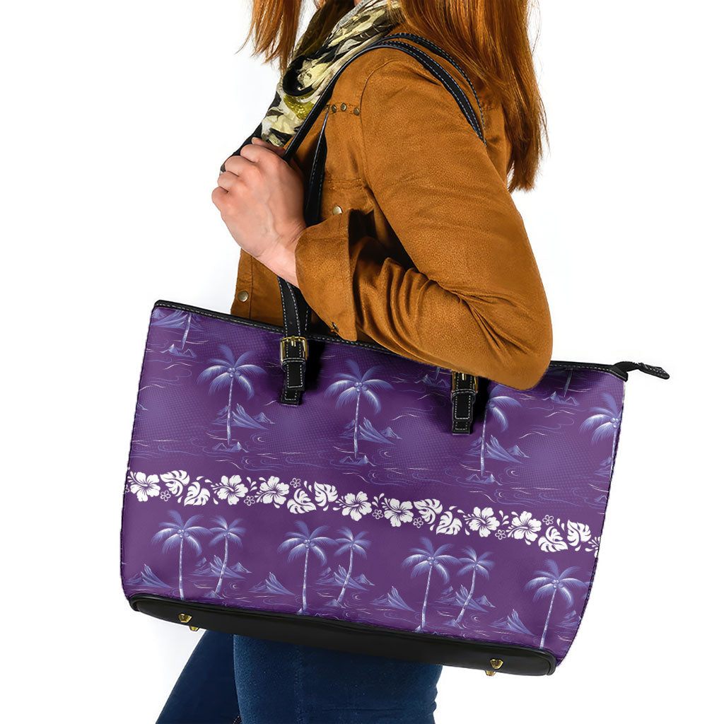Purple Hawaii Palm Tree Hibiscus Leather Tote Bag Fantasy Summer Vibe