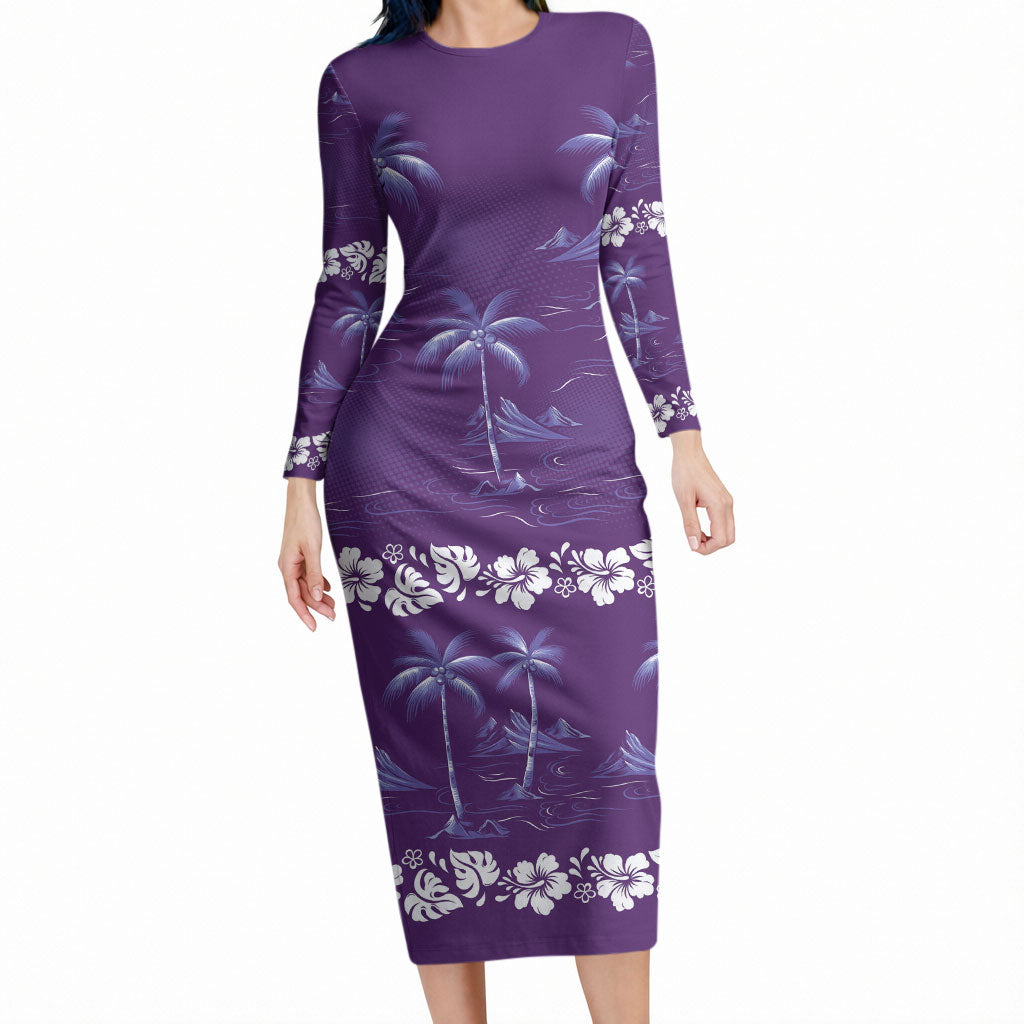 Purple Hawaii Palm Tree Hibiscus Long Sleeve Bodycon Dress Fantasy Summer Vibe