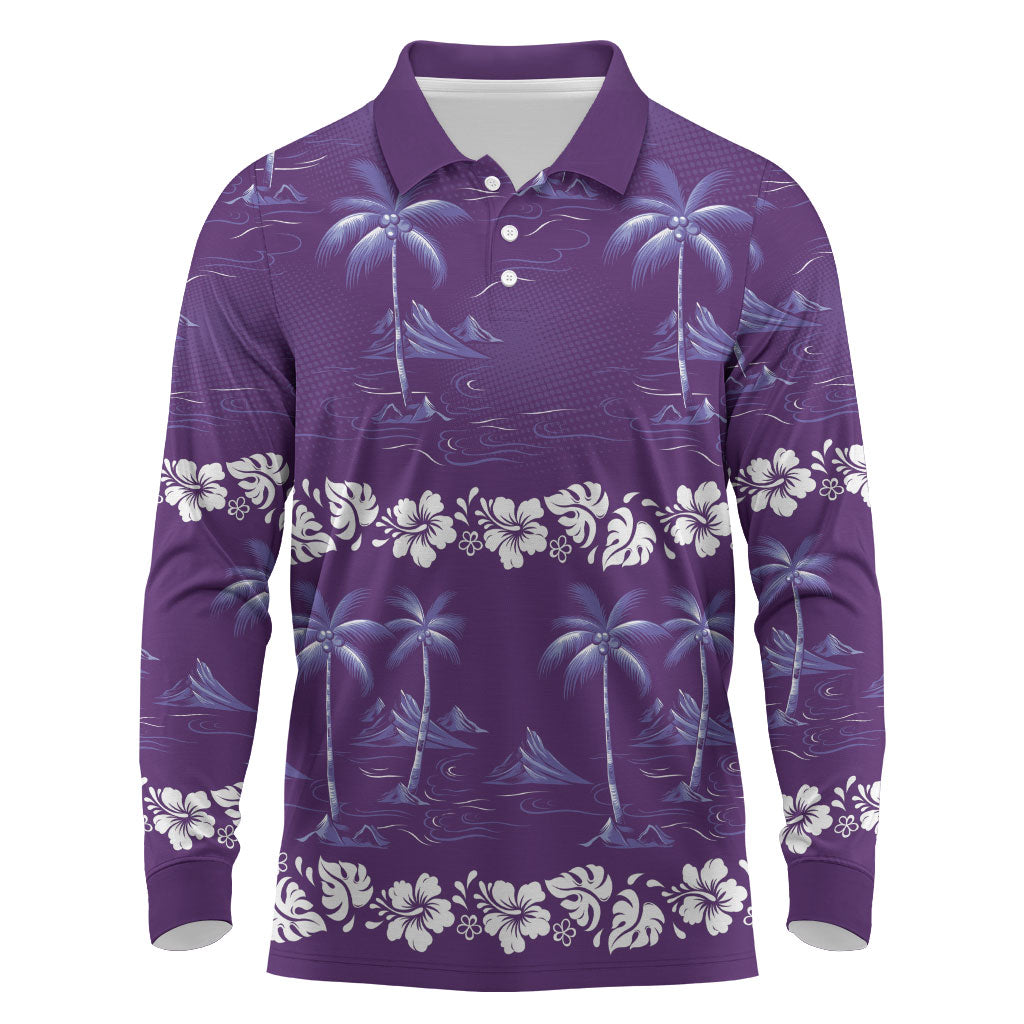 Purple Hawaii Palm Tree Hibiscus Long Sleeve Polo Shirt Fantasy Summer Vibe LT01 Purple - Polynesian Pride
