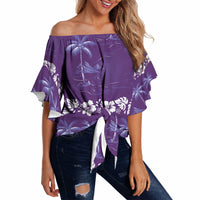 Purple Hawaii Palm Tree Hibiscus Off Shoulder Wrap Waist Top Fantasy Summer Vibe LT01 Purple - Polynesian Pride