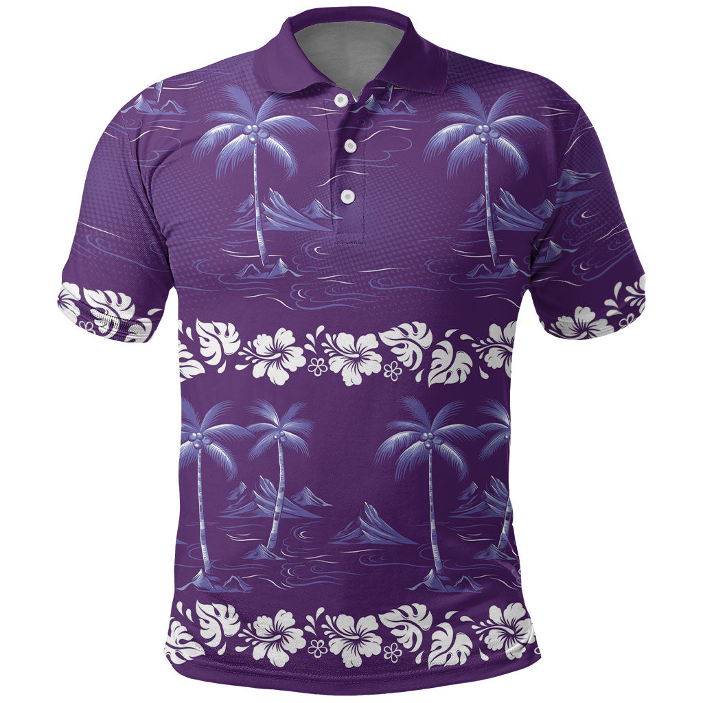 Purple Hawaii Palm Tree Hibiscus Polo Shirt Fantasy Summer Vibe