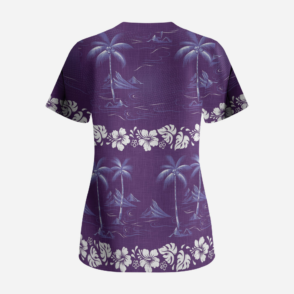 Purple Hawaii Palm Tree Hibiscus Scrub Top Fantasy Summer Vibe LT01 - Polynesian Pride