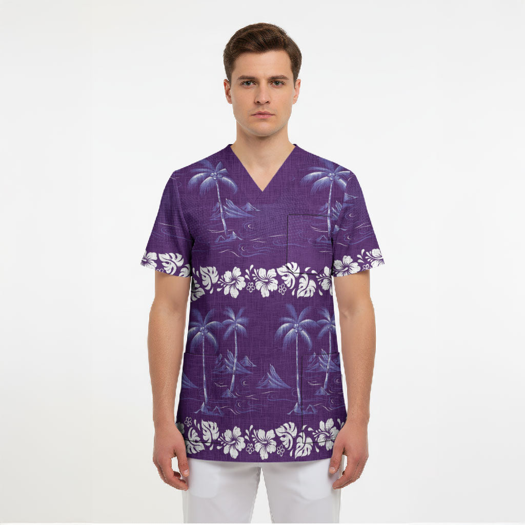 Purple Hawaii Palm Tree Hibiscus Scrub Top Fantasy Summer Vibe LT01 - Polynesian Pride