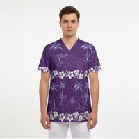 Purple Hawaii Palm Tree Hibiscus Scrub Top Fantasy Summer Vibe LT01 - Polynesian Pride