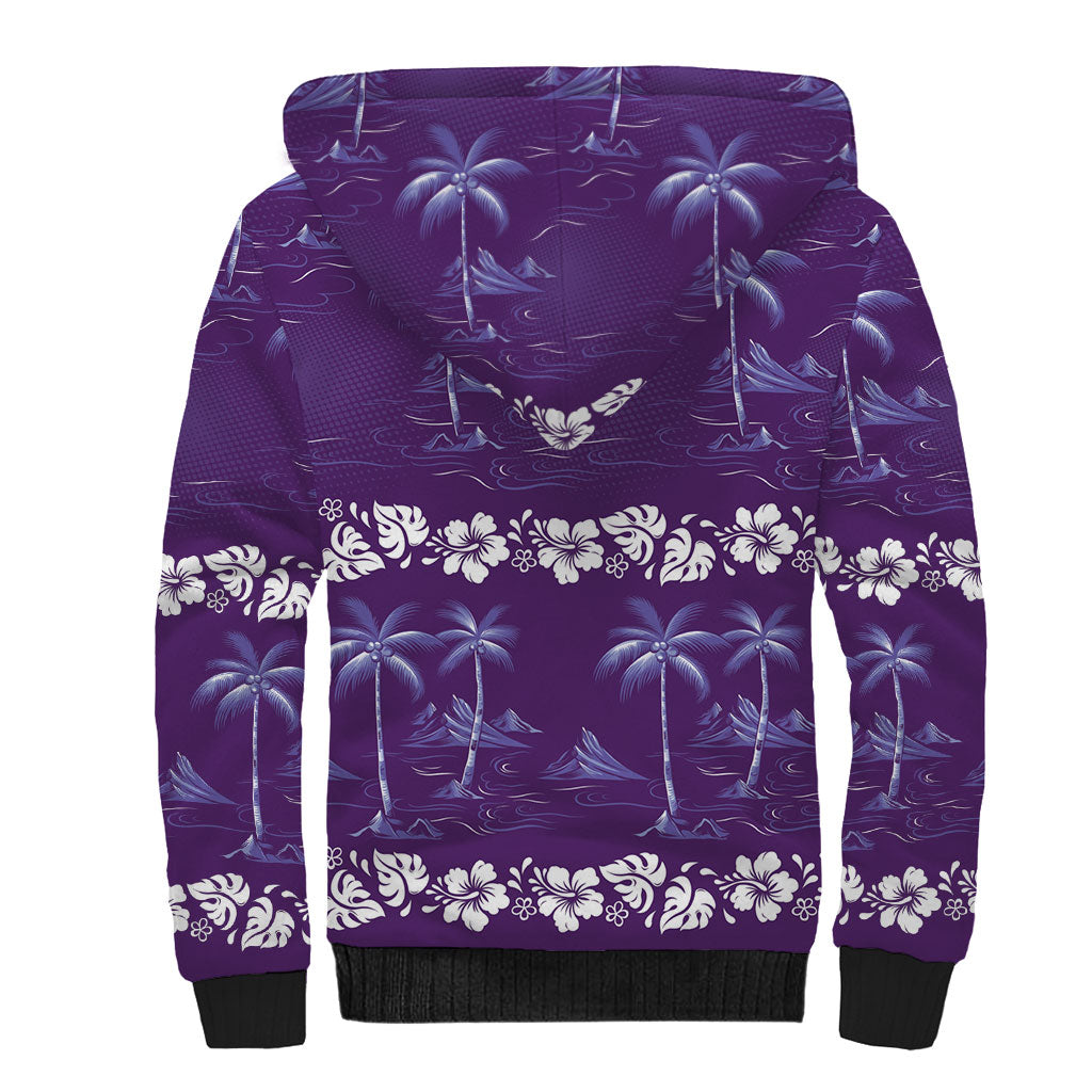 Purple Hawaii Palm Tree Hibiscus Sherpa Hoodie Fantasy Summer Vibe