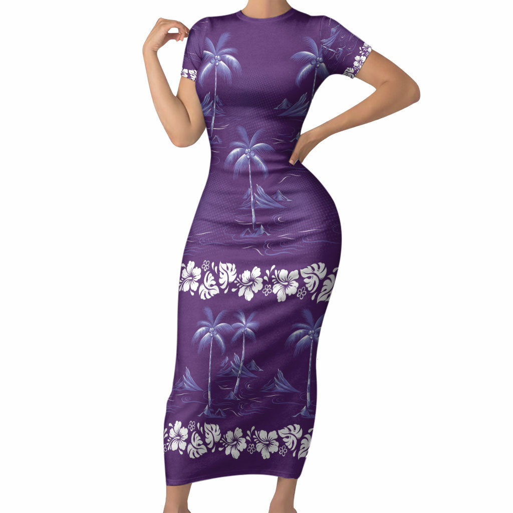 Purple Hawaii Palm Tree Hibiscus Short Sleeve Bodycon Dress Fantasy Summer Vibe