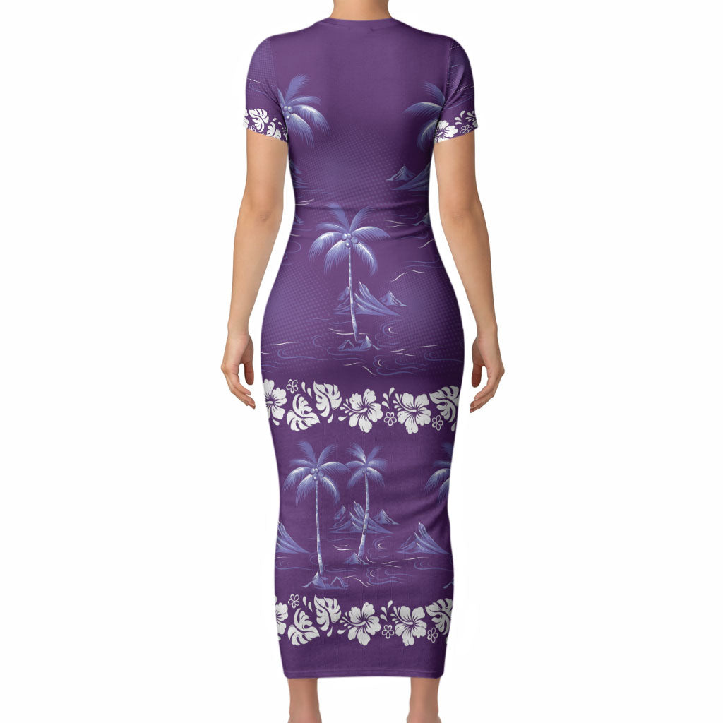 Purple Hawaii Palm Tree Hibiscus Short Sleeve Bodycon Dress Fantasy Summer Vibe