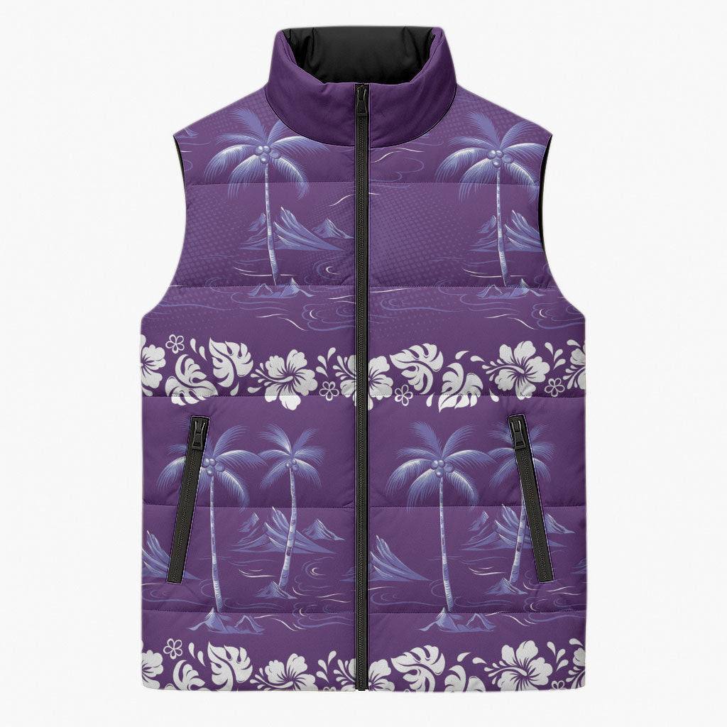 Purple Hawaii Palm Tree Hibiscus Sleeveless Puffer Jacket Fantasy Summer Vibe