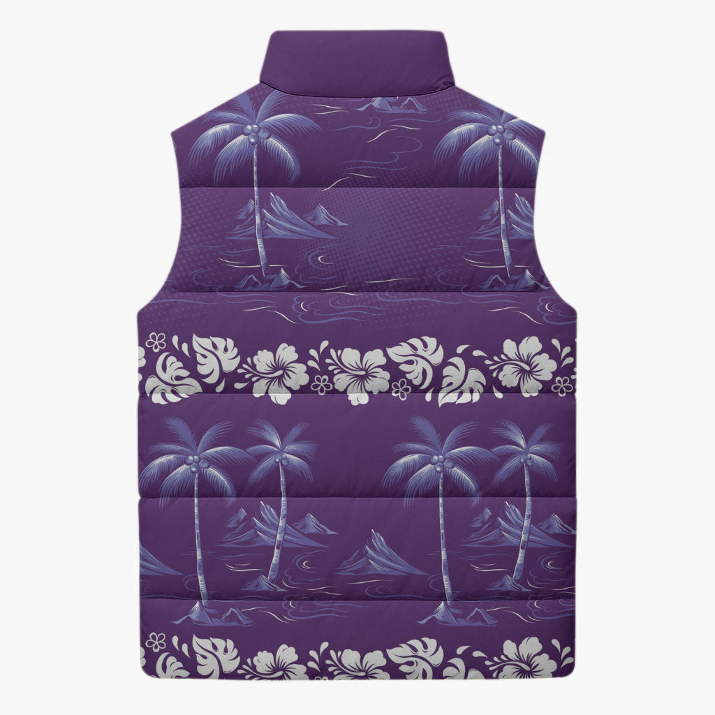 Purple Hawaii Palm Tree Hibiscus Sleeveless Puffer Jacket Fantasy Summer Vibe