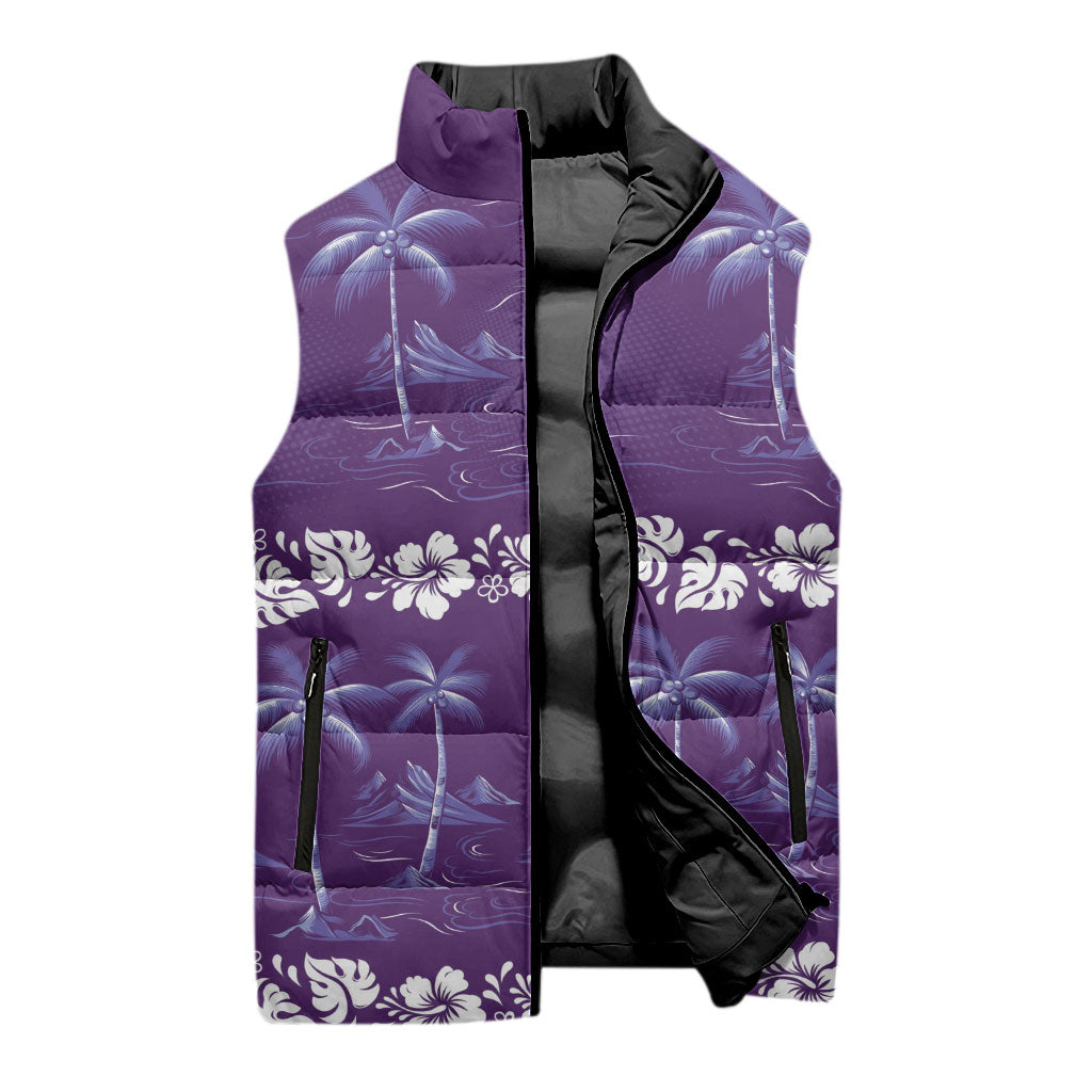 Purple Hawaii Palm Tree Hibiscus Sleeveless Puffer Jacket Fantasy Summer Vibe